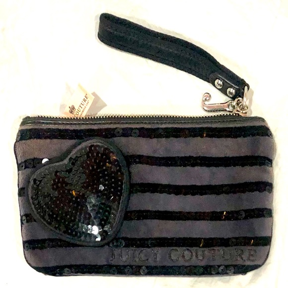 🦋JUICY COUTURE black sequined striped zippered wristlet/purse size 9x5 EUC - Picture 2 of 6